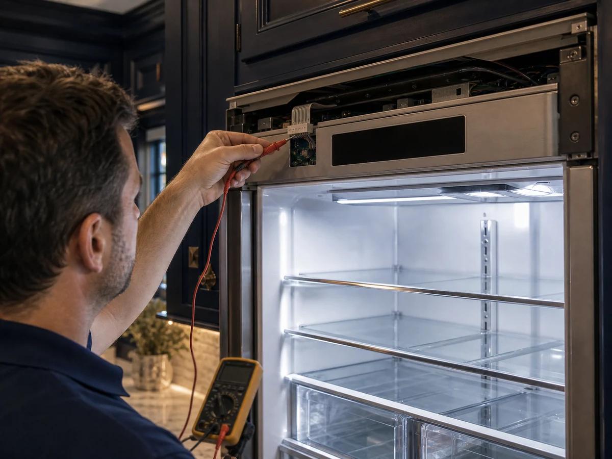 Dark control panel on a Sub-Zero BI-42 built-in after a storm-restoration surge in a Ponte Vedra Beach kitchen, interior lights still on