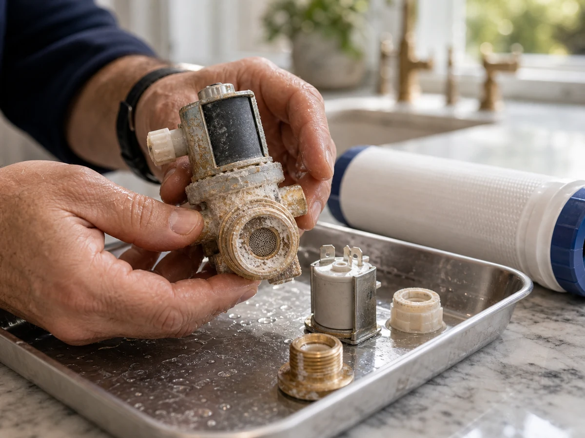 Technician descaling a mineral-clogged Sub-Zero water inlet valve in a Marsh Landing kitchen