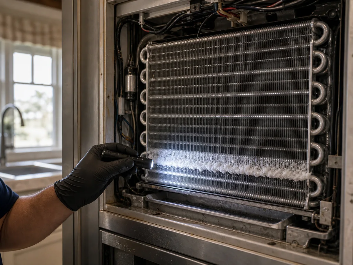 Technician checking the partial frost pattern on a classic Sub-Zero 561 evaporator coil in an Old Ponte Vedra kitchen