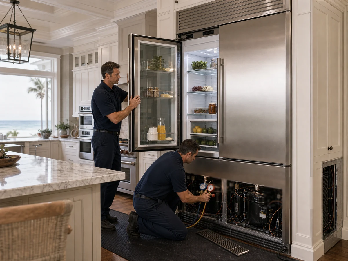 Sub-Zero PRO 48 glass-door refrigerator in a Ponte Vedra Beach estate kitchen, set up for a two-technician service visit
